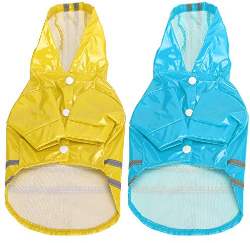 2 Stück Hund Regenmantel mit reflektierenden Streifen, Haustier Regenjacke Atmungsaktive Hund Kapuze Regenbekleidung Hund Wasserdichter Mantel (Gelb & Blau) (M)