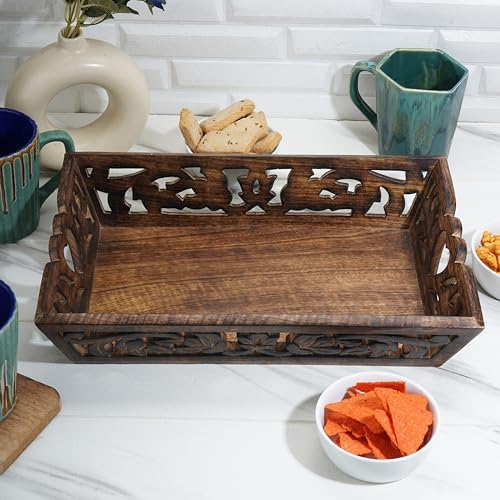 Ajuny Handgefertigtes Serviertablett aus Holz mit Griffen Rechteckig Platte 38,1 x 25,4 cm mit Nakashi-Design für Lebensmittel Snacks Kaffee Tee Küche und Heim Dekoration