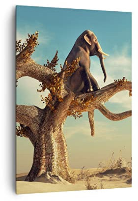 Bilder auf Leinwand 70x100cm Leinwandbild mit Rahmen Sitzen Elefant Baum Groß Wanddeko Bild Schlafzimmer Küche Deko Wandbilder Dekoration Wohnzimmer Wall Decor Canvas Wand Kunstdruck Art PA70x100-4345