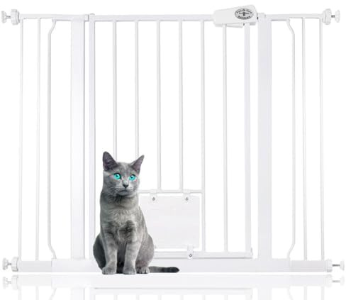 Bettacare Haustiergitter mit Abschließbarer Katzenklappe, 100.8cm - 108.4cm, Weiß, 75cm Höhe, Haustier Sicherheitsbarriere mit Katzenklappe, Einfache Montage