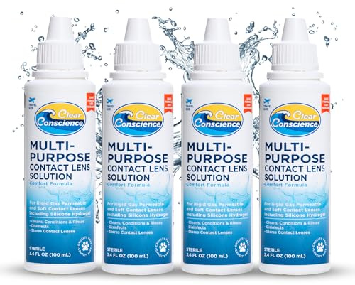 Cruelty-Free Multipurpose Contact Solution Travel Size - Mild Cleaner & Conditioner for Eye Contact Lens Care by Clear Conscience, 3 Fl oz (4 Pack)