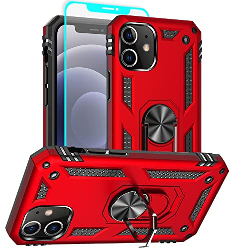Aozuoton for iphone 12 Case, iphone 12 Pro Phone Case with HD Screen Protector, [Military Grade 16ft. Drop Tested] Ring Shockproof Protective Phone Case for iphone 12 Red