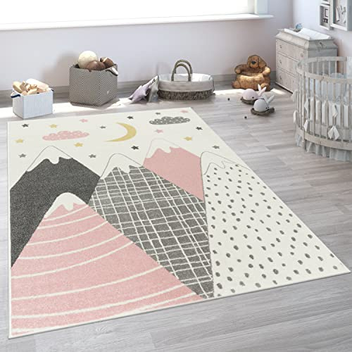 Paco Home Teppich Kinderzimmer Kinderteppich Spielteppich Junge Mädchen Kurzflor Modern Berge Sterne Wolken Pink, Grösse:160x220 cm