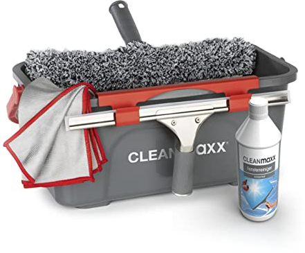 CLEANmaxx Set de Nettoyage Simple et Efficace pour des vitres de la Maison et la Voiture | pour Nettoyer Les vitres avec Seau, raclette, Balai, Chiffon Microfibre et concentré [Rouge]