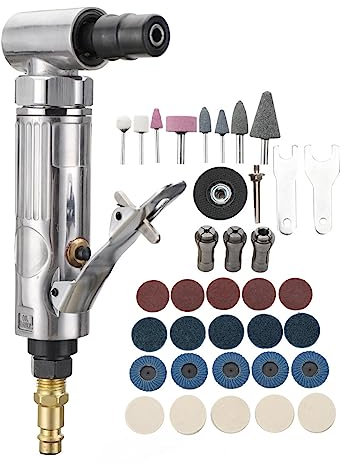 QAVODB Mini Druckluft Winkelschleifer 20000 U/min Mini Druckluft Schleifer Set, 90° Stabschleifer 1/4 BSP Schleifmaschine mit 6mm&3mm Spannzange und 20 Stück 2 Zoll Schleifscheibe für Kfz Werkzeug