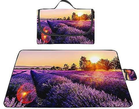 Picknickdecke 200x200cm,XXL Picknickdecke mit Wasserdichter Unterseite,Outdoor Stranddecke Sandfrei,mit Tragegriff Picnic Blanket für Camping,Strand,Familie,Konzerte Sonnenuntergang Lavendellandschaft