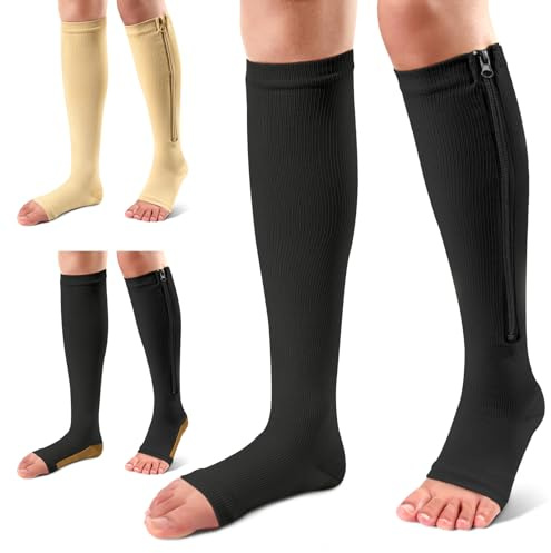 Ailaka Kompressionssocken mit Reißverschluss, 15-20 mmHg Kniestrümpfe für Damen und Herren, Offene Zehen-Design, Atmungsaktiv und Stützend