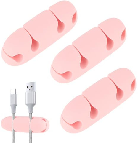 Cable Holder Clips, Mabor 3PCS Cable Clips for Desk 4 Hole Cord Wire Organizer Electrical Holders Silicone Harness USB Charging Accessory for Office and Home Desk (Pink)