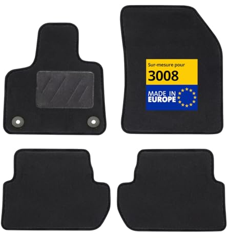 DBS – Tapis de Voiture - sur Mesure pour Peugeot 3008 (12/2020-03/2024) – Antidérapants avec Clips de Fixation – 4 Tapis Auto Avant/arrière – Moquette Noire