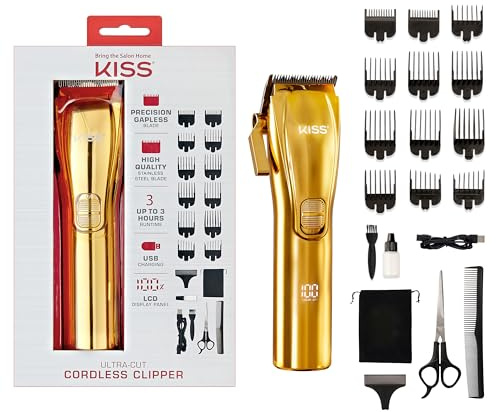 KISS Ultra-Cut Stainless Steel Blade Cordless Clipper, Hair Cutting Kit, Rechargeable Hair Clipper, USB Charging, Adjustable Taper Lever, Worldwide Dual Voltage, LCD Display, 3hrs Runtime, 20 Pc. Set
