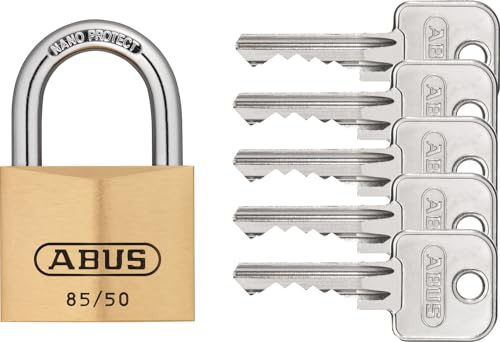 ABUS Vorhängeschloss Messing 85/50 mit 5 Schlüssel vs. - gehärteter Stahlbügel, nano protect - wetterfest -…