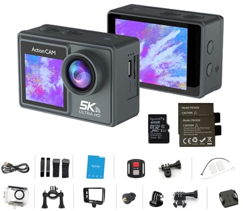 Sansnail Action camera 4K 60FPS 5K 30FPS 24MP WiFi sports camera with dual screen for waterproof underwater camera, EIS 2.0, 170° wide angle, zoom, 2 batteries 64GB Card and accessory kit