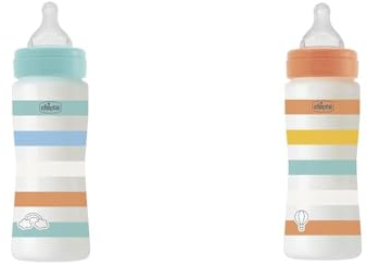 Chicco Set 2 Biberon Benessere Flusso Veloce 330 ml, con Tettarella Physio in Morbido Silicone e Finitura Soft Sense, Anticolica, in Plastica, 4 Mesi+, Bimbo, Azzurro e Arancione