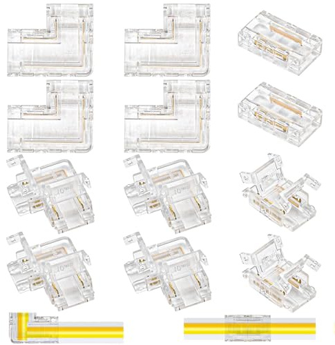 heedpeiur 12 Stk COB LED Streifen Verbinder 2-Polig 10mm - 8 L-förmig + 4 Mittelverbinder, Lötfreier Steckverbinder für 10mm Breite LED Streifen, 2 Pin, 12V 24V
