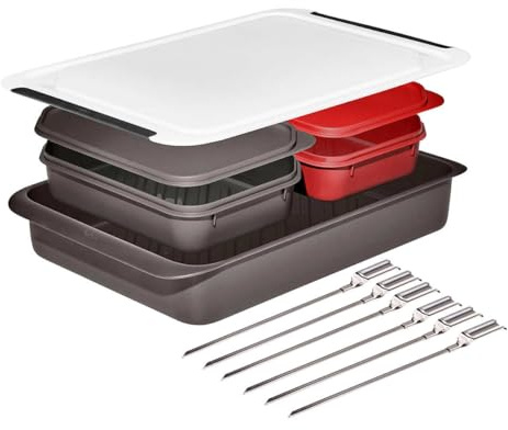 OXO SoftWorks Grilling Prep & Carry System, Dishwasher Safe, BPA Free, All-In-One, Color-Coded Trays with Lids, Deep Tray for Marinades/Oily Food, White/red/brown
