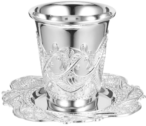 Ciieeo Coupe Kiddouch, Argentée Alliage Zinc Verre Vin Shabbat pour Famille | Vintage Coupe à Vin Judaica avec Soucoupe, Gobelet Calice Gravé pour Pessah Fêtes