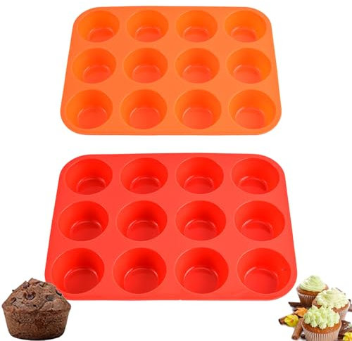 Dolaso 2 PCS Silicone Muffin Trays with Metal Frame, 12 Cup Regular Size Silicone Muffin Cupcakes Tin, Non Stick Yorkshire Pudding Tray, Baking Mold Cupcake Tray for Mince Pie 29.5 x 22 x 3cm