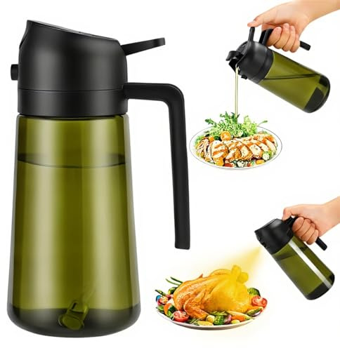 Aovdy Olive Oil Sprayer for Cooking, 2 In 1 Glass Oil Dispenser 16oz- 470ml Premium Spray Bottle for Kitchen Gadgets and Air Fryer Accessories, Salad, BBQ - Dark Green