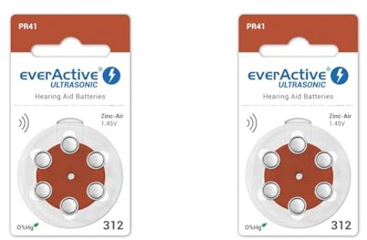 everActive 6 Stück, Hörgerätebatterien, hohe Leistung, Zink-Luft-Batterien, 1 Blisterkarte, 4-jährige Haltbarkeit, braun, Ultrasonic PR41, EVHAB312 (Packung mit 2)