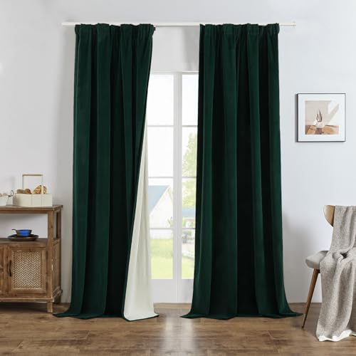 Joydeco 100% Blickdicht Samt Vorhänge mit Kräuselband 2 er Set H 220 x B 140 Dunkelgrün Schienensystem Schiebevorhang Verdunkelung Thermovorhang Kälteschutz Gardinen Schlafzimmer Wohnzimmer Curtains