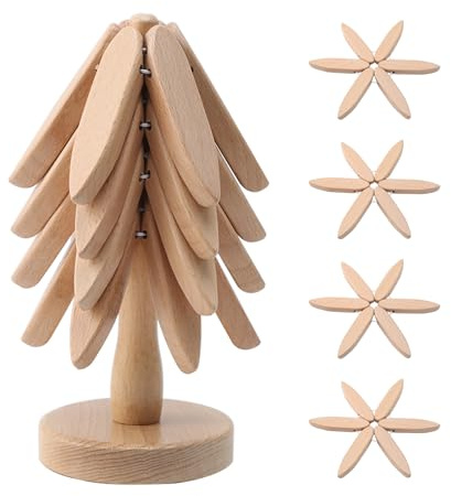 Petyoung Tree Shape Wooden Trivet Set for Hot Dishes, Heat Resistant Wood Trivets for Hot Pots and Pans (4 Layers+1 Stand) (Wood color)