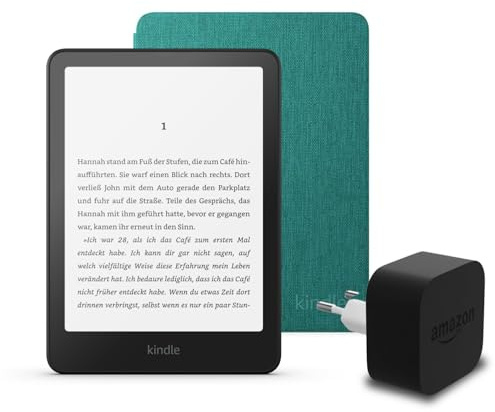 El último Kindle Paperwhite (versión 2024) de 16 GB con anuncios, una funda de tela de Amazon y un adaptador de corriente Amazon Powerfast de 9 W.