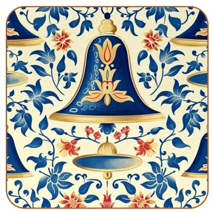 6-Pack Square Coasters for Drinks, Vintage Flowers Bells Holiday Mug Cup Mats Pad Coffee Wine Wooden Glass Tabletop Protection for Housewarming Bar Decor