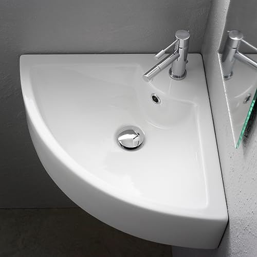Corner Cloakroom Sink Bathroom Basin, Quarter Circle Shape Wall Mounted Corner Basin Small Sink Ceramic White