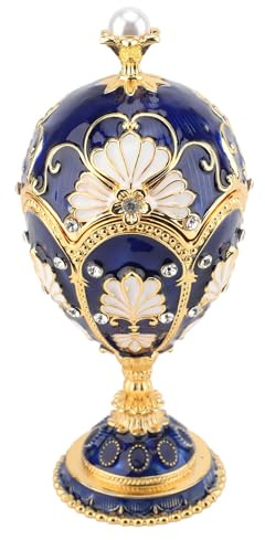 Asixxsix Easter Egg Trinket Box, Hand Painted Enameled Trinket Box, Decorative Rhinestones Enameled Flower Jewelry Box Decorative Box with Hinged Lid, for Rings Necklaces (Blue White)