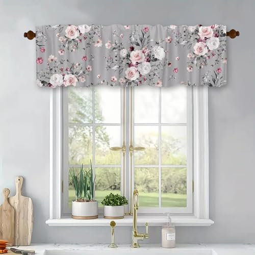 Pink Roses Flowers Short Kitchen Curtains Blackout Drapes Rod Pocket Topper Panel for Bathroom Bedroom Living Room 54x18inch Floral Windows Treatment Valances