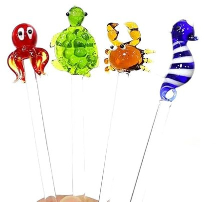 4pcs Handmade Glass Cocktail Swizzle Sticks with Octopus Turtle Sea Horse Crab Mini Figurine Decor Milk Drink Muddler Stirrer