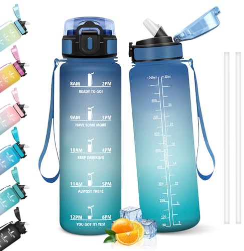 HoneyHolly Gourde 1l, Étanches, Gourde Paille, sans BPA & Réutilisable, Bouteille, Motivation Bouteille d'eau, Avec Marqueur de Temps, Water Bottle pour Gym, Ecole, Cyclisme, Plein air, Sport