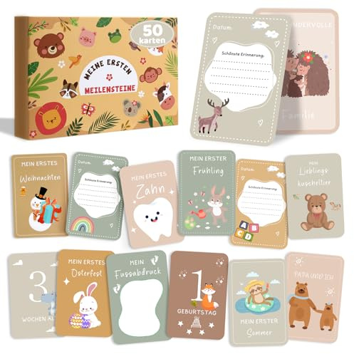 Tarjetas de hito para bebé, 50 tarjetas de mes alemanas de doble cara con motivos de animales y cajas de regalo, adecuadas para bebés, niños y niñas para cumpleaños, baby showers y regalos de