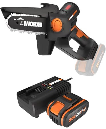 PACK WORX NITRO Élagueuse Mini Tronçonneuse sans Fil 20V WG325E.9 + Kit batterie 4Ah, chargeur, Brushless, Guide 12 cm, coupe 10 cm, pour élagage, taille, ébranchage, tronçonnage, capot de protection