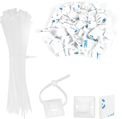 100PCS Cable Ties 150mm ad 100PCS 20mm Zip Tie Self Adhesive Mounts | White Cable Tidy Clips Small Tie Wraps Sticky Pads, Plastic Wire Ties Base Holder for Home Office Workshop DIY Garden