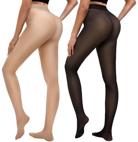 Bebila 2 Pairs Fleece Lined Tights Women Thermal Leggings Sheer Pantyhose Fake Translucent Warm Winter Tight (US, Alpha, Medium, Regular, Regular, Skin+Black translucent)