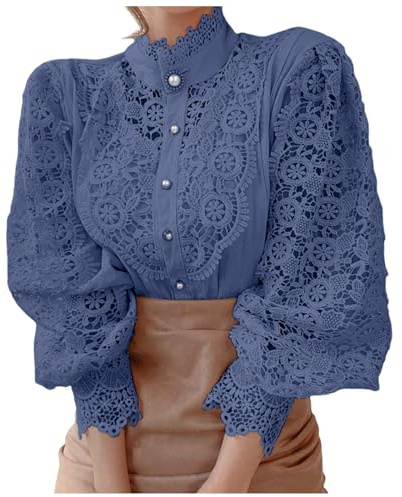 Chemise Dentelle Femme Manche Longue, Tee Shirt Vintage Col Montant-Tunique Chic Et éLéGant Ajouré avec Boutonné Blouse Grande Taille Classique Haut Casual Fête Party Slim Fit Top