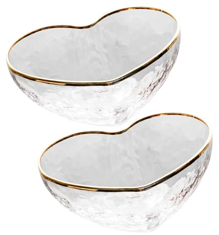 Veemoon 2pcs Heart Shaped Transparent Glass Dessert Bowls with Gold Edge Compact for Pudding Jelly Fruit Salad Snacks Home Party Use