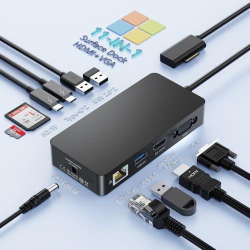 Rocketek Neues Surface Dock 11-in-1 Surface Pro Dockingstation 4K@60Hz HDMI+VGA mit Netzteil, Surface Dockingstation Hub für Surface Pro 11/10/9/8/X/7/6/5/4/3,Laptop 6/5/4/3/2/1,Laptop Go 3/2/1, Book