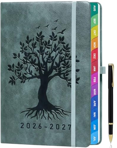 ZXHQ Lehrerkalender 2026–2027 A5+, Lehrerplaner mit Monatsübersicht & Farbig Gestalteten Monatsregistern, Hardcover, Mit Innentasche, 208 Seiten, 16,5 x 22 cm, Salbeigrau