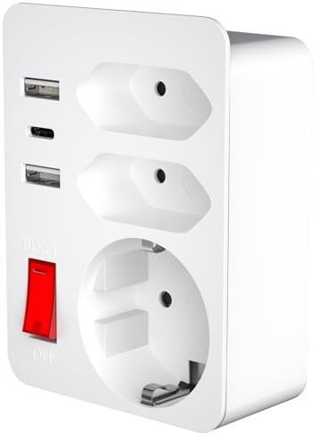 KEAGAR 3er Steckdose Mit Schalter, Mehrfachstecker Mit Schalter, Dreiersteckdose Für Stecker USB, 6 In 1 Steckdosen Adapter Geeignet Für Wohnungs- Und Büroszenarien Weiß