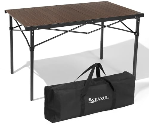 Seazul Camping Table, Large for 2-6 Persons, Supports 230 LBS, Foldable Roll-up Aluminum Camp Table with Carry Bag, Folding Portable Metal Outdoor Table for Picnic, Camp, Dining, Walnut Wood Grain