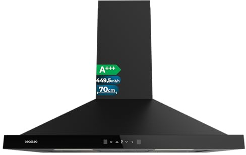 Cecotec Campana Extractora Piramidal 70 cm Bolero Flux PT 704400 Black A+++. Cristal Frontal en Negro, Succión 449,5 m³/h, Control Táctil Invisible, Función Booster, Filtros Lavables, Clase A+++