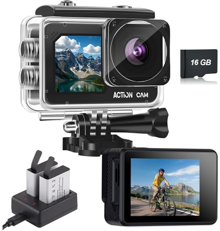 Nvgfelis Cámara Deportiva 1080P Dual Pantalla, Cámara Acuática 40M Impermeable, Cámara Moto con Tarjeta SD 32GB, 2 Baterías 1050mAh y Accesorios