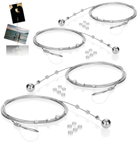com-four® set da 4 fili porta foto con 48 magneti, cavo metallico da 2 metri per appendere foto, cartoline e appunti (4x/48 color argento)