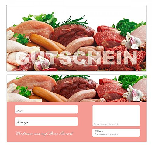 100 Stück Premium Geschenkgutscheine (Wurst-677) - Ein schönes Produkt für Ihre Kunden Gutscheine Gutscheinkarten für Bereiche wie Einzelhandel, Metzger, Fleischer, Fleisch, Wurst, Würste, Schnitzel, Steak, Gastronomie und vieles mehr