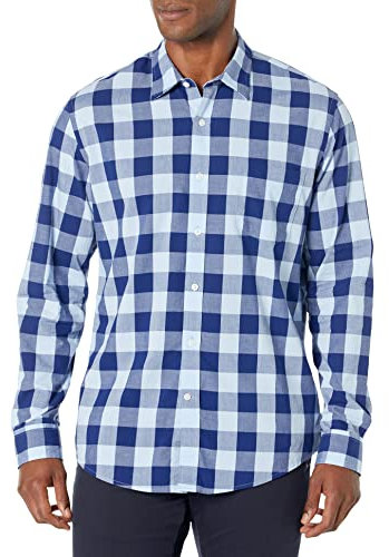 Amazon Essentials Men's Slim-Fit Long-Sleeve Poplin Shirt, Blue Buffalo Check, M