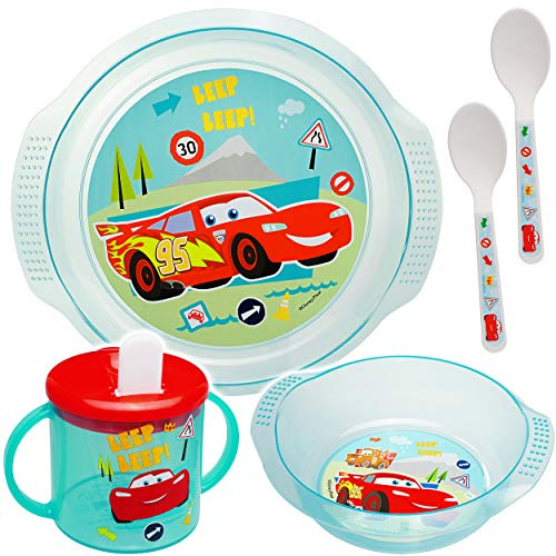 alles-meine.de GmbH 5 TLG. Geschirrset - Cars - Auto - Lightning McQueen - BPA frei - Trinktasse/Trinklernbecher + Teller + Müslischale/Suppenschüssel + 2 Löffel - Mikrowelle..