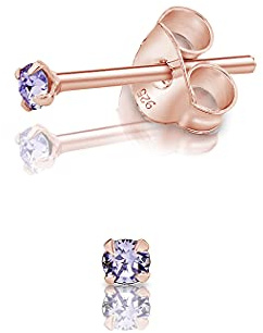 Pendientes de Botón Plata Ley 925 Chapados Oro Rosa 18K on Cristales Brillantes Lila 2 mm - Pendientes Dorados para Mujer - Punto de Luz Hipoalergénicos