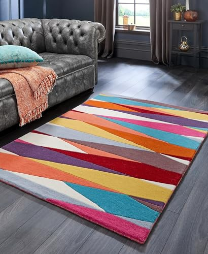Lord of Rugs Modern Geometric Pure Wool Rug for Home Living Room Lounge Bedroom Luxury Soft Quality Handmade Carpet Vibrant Bright Multi Colour Area Rug Small 80x150 cm (2'6x5')